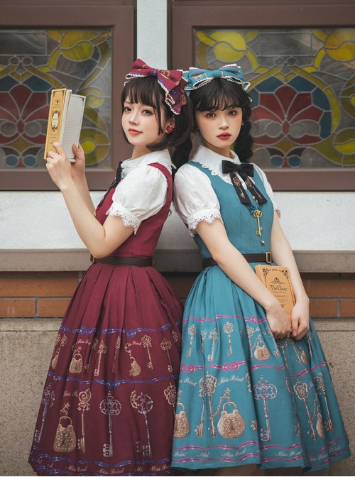 Antique Key Series Classic Lolita Elegant British Style Vintage Print Suspender Dress