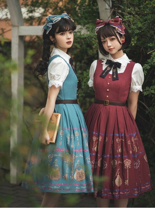 Antique Key Series Classic Lolita Elegant British Style Vintage Print Suspender Dress