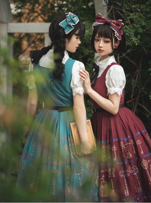 Antique Key Series Classic Lolita Elegant British Style Vintage Print Suspender Dress
