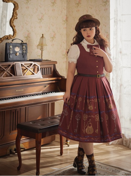 Antique Key Series Classic Lolita Elegant British Style Vintage Print Suspender Dress