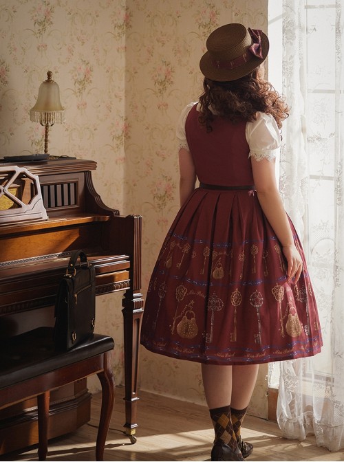 Antique Key Series Classic Lolita Elegant British Style Vintage Print Suspender Dress