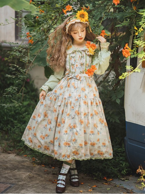 Garden Sunflower Series Classic Lolita Pastoral Comfortable Long Printed Camisole Dress