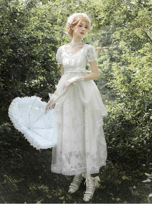 Moonlight Danube Series Classic Lolita Elegant Retro Roman White Long Suspender Dress Veil Top Set