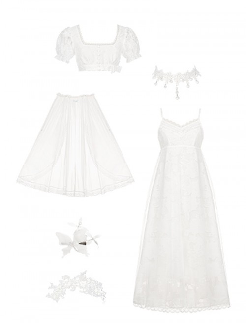 Moonlight Danube Series Classic Lolita Elegant Retro Roman White Long Suspender Dress Veil Top Set