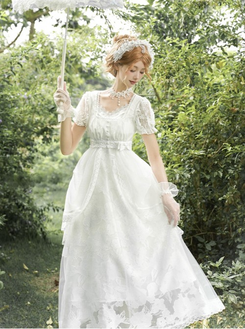 Moonlight Danube Series Classic Lolita Elegant Retro Roman White Long Suspender Dress Veil Top Set