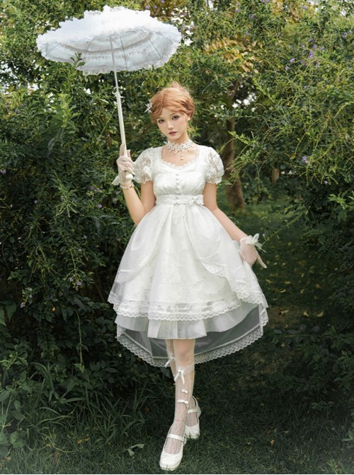 Moonlight Danube Series Classic Lolita Elegant Lily Valley Headpiece Choker White Short Suspender Dress Veil Set