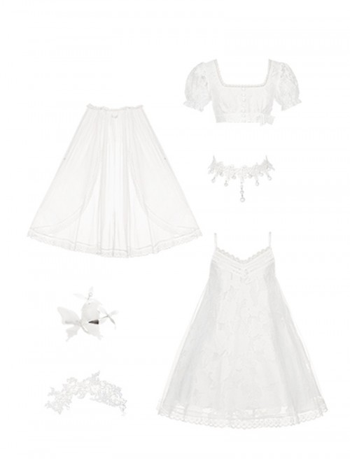 Moonlight Danube Series Classic Lolita Elegant Lily Valley Headpiece Choker White Short Suspender Dress Veil Set