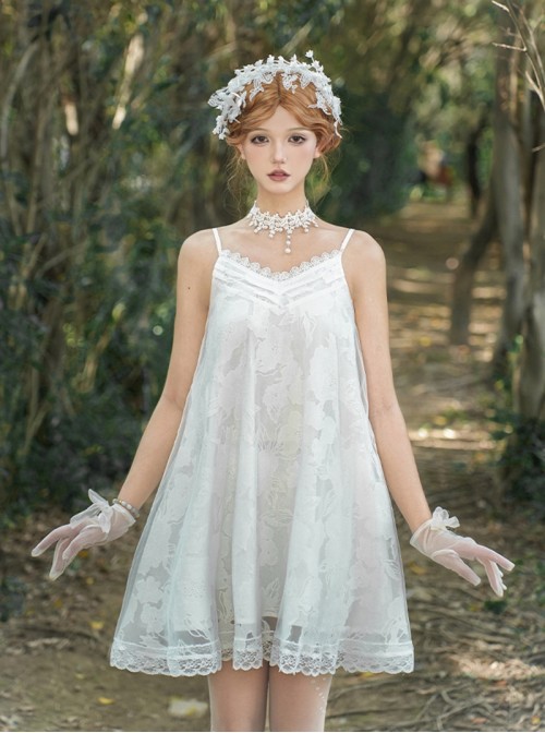 Moonlight Danube Series Classic Lolita Elegant Lily Valley Headpiece Choker White Short Suspender Dress Veil Set