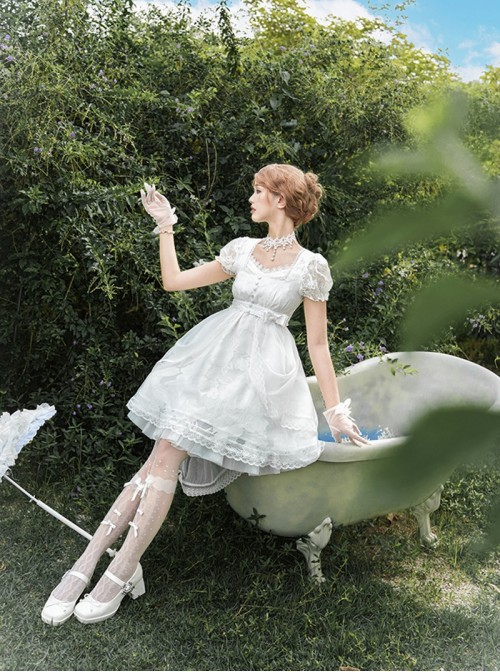 Moonlight Danube Series Classic Lolita Elegant Lily Valley Headpiece Choker White Short Suspender Dress Veil Set