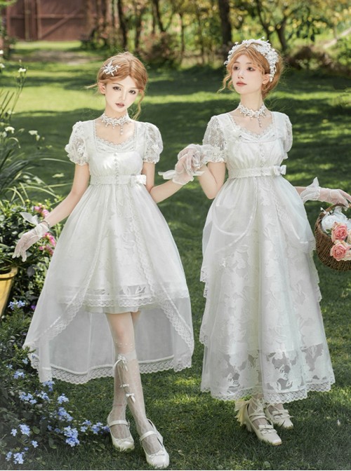 Moonlight Danube Series Classic Lolita Elegant Lily Valley Headpiece Choker White Short Suspender Dress Veil Set