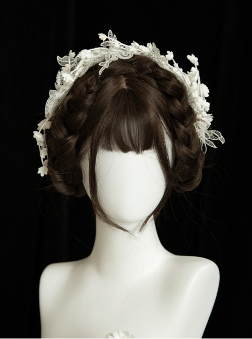 Moonlight Danube Series Classic Lolita Elegant Lily Valley Headpiece Choker White Short Suspender Dress Veil Set