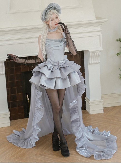Duet Series Sweet Lolita Elegant Corset Waist Suspender Dress Large Bowknot Trailing Hair Cap Choker Set