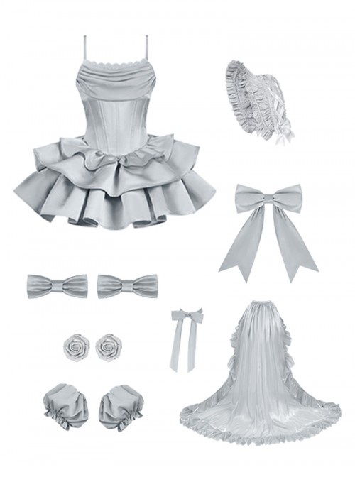 Duet Series Sweet Lolita Elegant Corset Waist Suspender Dress Large Bowknot Trailing Hair Cap Choker Set