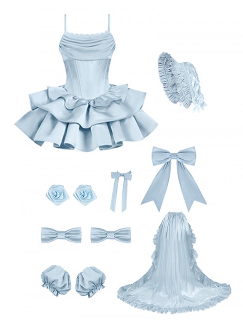 Duet Series Sweet Lolita Elegant Corset Waist Suspender Dress Large Bowknot Trailing Hair Cap Choker Set