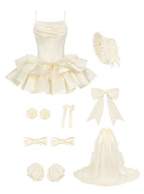 Duet Series Sweet Lolita Elegant Corset Waist Suspender Dress Large Bowknot Trailing Hair Cap Choker Set