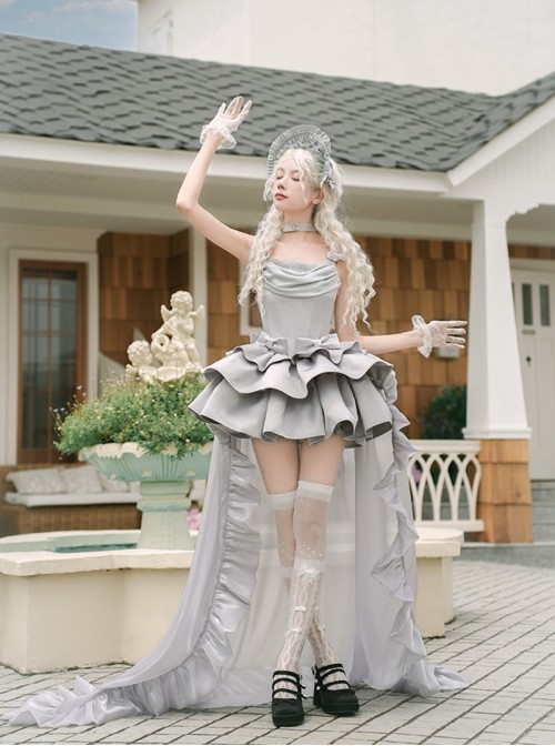 Duet Series Sweet Lolita Elegant Corset Waist Suspender Dress Large Bowknot Trailing Hair Cap Choker Set