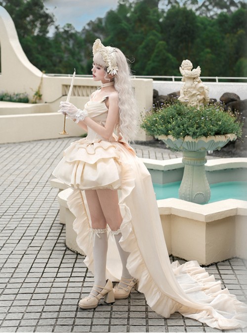 Duet Series Sweet Lolita Elegant Corset Waist Suspender Dress Large Bowknot Trailing Hair Cap Choker Set