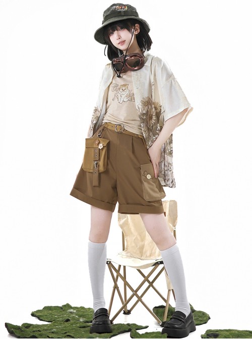 Garden Kitty Series Kawaii Fashion Brown Tabby Cat Print Vacation Style Casual Fanny Pack Vest Shorts Shirt Set