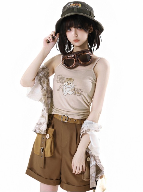 Garden Kitty Series Kawaii Fashion Brown Tabby Cat Print Vacation Style Casual Fanny Pack Vest Shorts Shirt Set