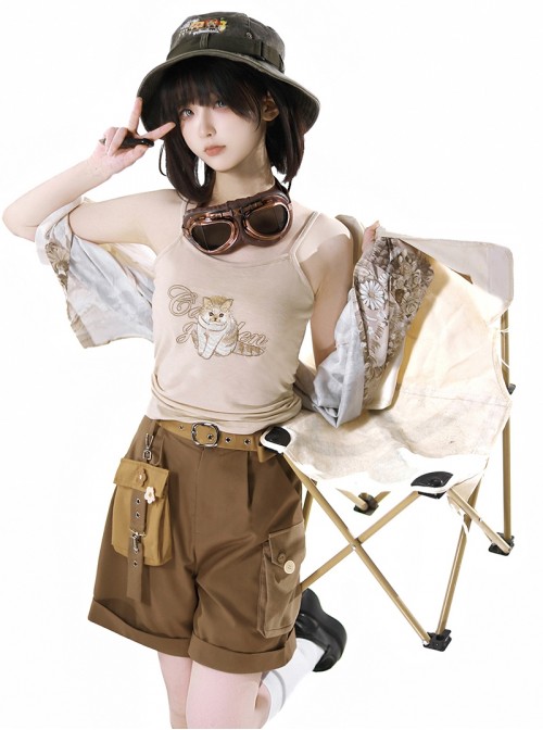 Garden Kitty Series Kawaii Fashion Brown Tabby Cat Print Vacation Style Casual Fanny Pack Vest Shorts Shirt Set