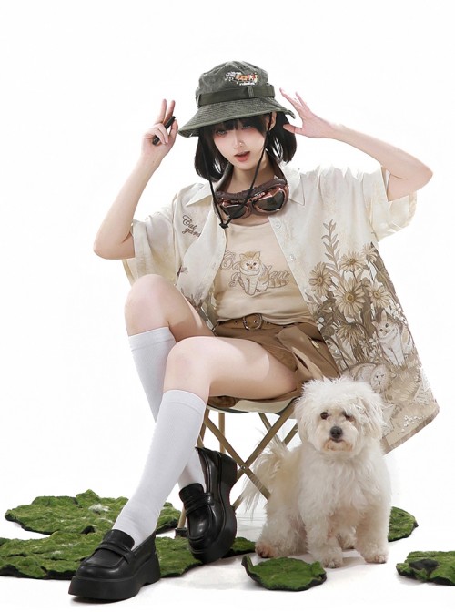 Garden Kitty Series Kawaii Fashion Brown Tabby Cat Print Vacation Style Casual Fanny Pack Vest Shorts Shirt Set