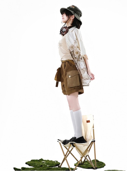Garden Kitty Series Kawaii Fashion Brown Tabby Cat Print Vacation Style Casual Fanny Pack Vest Shorts Shirt Set