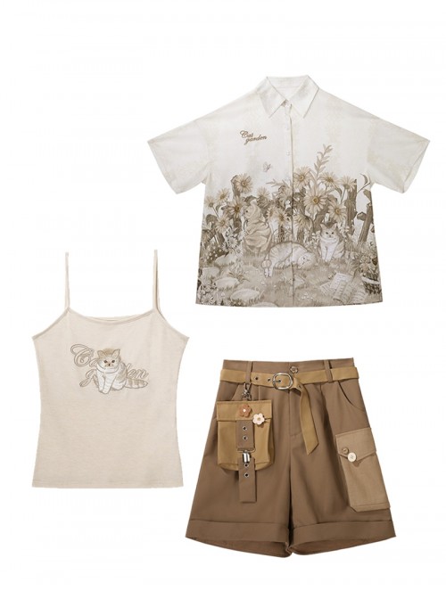 Garden Kitty Series Kawaii Fashion Brown Tabby Cat Print Vacation Style Casual Fanny Pack Vest Shorts Shirt Set