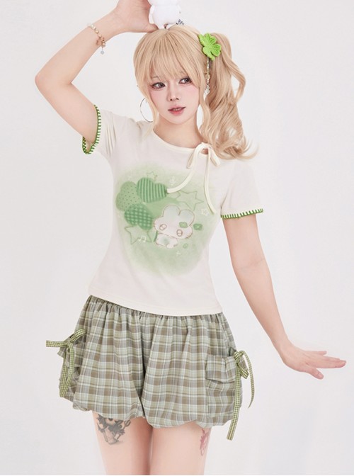 Lucky Bunny Series Kawaii Fashion Retro Japanese Style Four-Leaf Clover Print Bowknot Tie Up Slim Short Sleeve T-Shirt