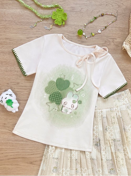 Lucky Bunny Series Kawaii Fashion Retro Japanese Style Four-Leaf Clover Print Bowknot Tie Up Slim Short Sleeve T-Shirt