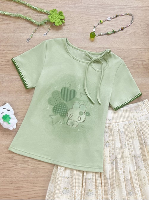 Lucky Bunny Series Kawaii Fashion Retro Japanese Style Four-Leaf Clover Print Bowknot Tie Up Slim Short Sleeve T-Shirt