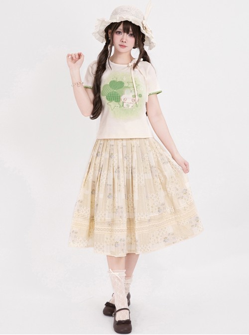 Lucky Bunny Series Kawaii Fashion Retro Japanese Style Four-Leaf Clover Print Bowknot Tie Up Slim Short Sleeve T-Shirt