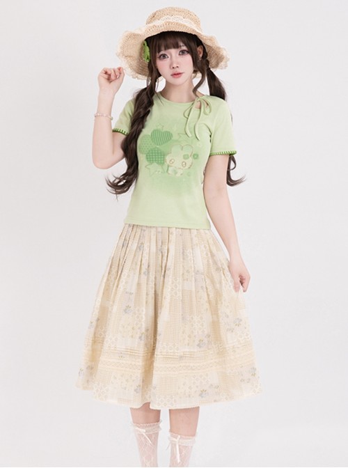 Lucky Bunny Series Kawaii Fashion Retro Japanese Style Four-Leaf Clover Print Bowknot Tie Up Slim Short Sleeve T-Shirt