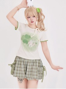Four-Leaf Clover Kawaii Fashion Retro Bowknot Tie Versatile Fresh Green Checkered Bloomers Shorts