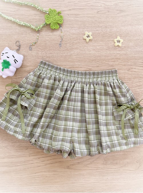 Four-Leaf Clover Kawaii Fashion Retro Bowknot Tie Versatile Fresh Green Checkered Bloomers Shorts