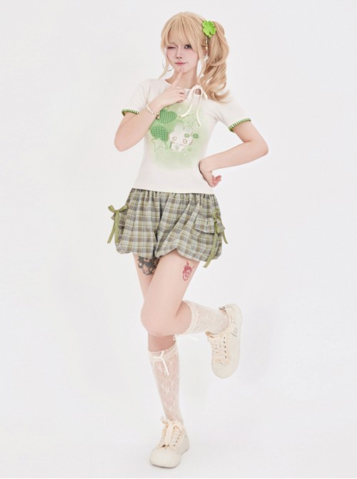 Four-Leaf Clover Kawaii Fashion Retro Bowknot Tie Versatile Fresh Green Checkered Bloomers Shorts