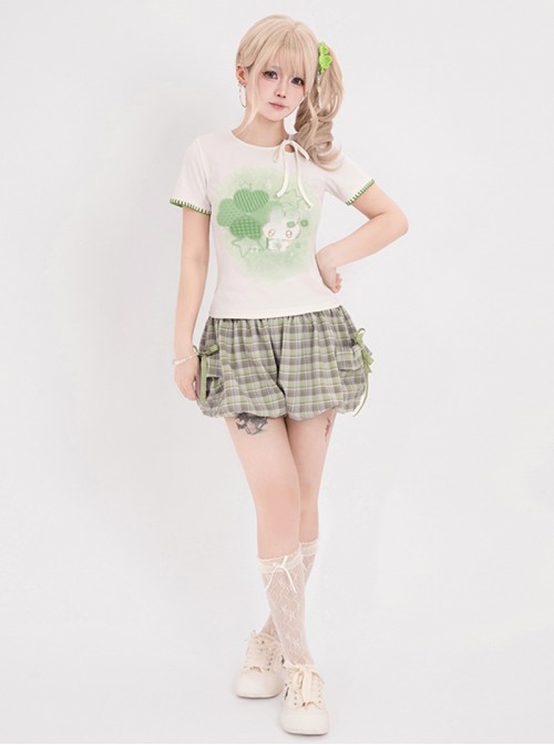 Four-Leaf Clover Kawaii Fashion Retro Bowknot Tie Versatile Fresh Green Checkered Bloomers Shorts