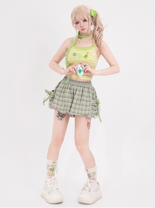 Four-Leaf Clover Kawaii Fashion Retro Bowknot Tie Versatile Fresh Green Checkered Bloomers Shorts