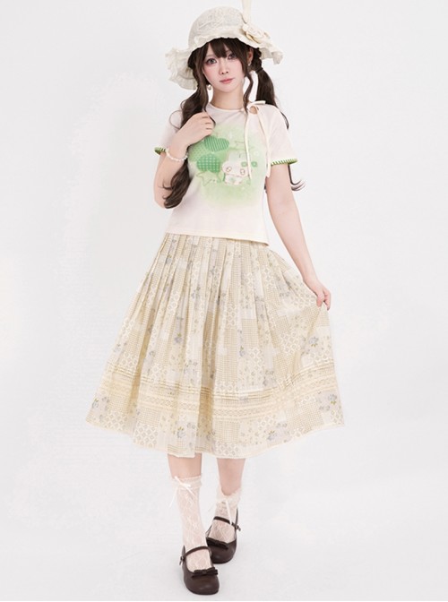 Little Garden Series Kawaii Fashion Apricot Retro Countryside Forest Girl Vintage Floral Cotton Print Lace Skirt