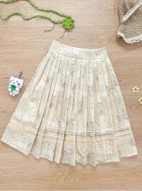 Little Garden Series Kawaii Fashion Apricot Retro Countryside Forest Girl Vintage Floral Cotton Print Lace Skirt