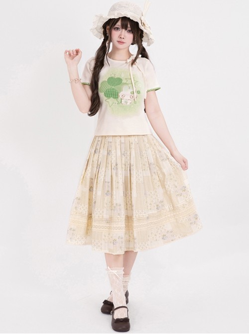 Little Garden Series Kawaii Fashion Apricot Retro Countryside Forest Girl Vintage Floral Cotton Print Lace Skirt