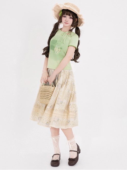 Little Garden Series Kawaii Fashion Apricot Retro Countryside Forest Girl Vintage Floral Cotton Print Lace Skirt