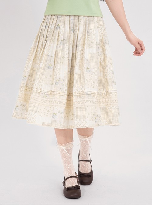 Little Garden Series Kawaii Fashion Apricot Retro Countryside Forest Girl Vintage Floral Cotton Print Lace Skirt