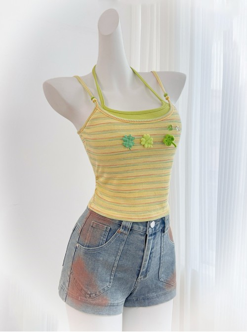 Four Leaf Clover Kawaii Fashion Youthful Yellow Green Striped Knit Halter Neck Fake Two-Piece Backless Tank Top
