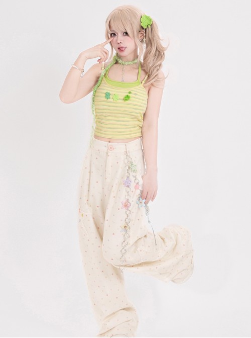Four Leaf Clover Kawaii Fashion Youthful Yellow Green Striped Knit Halter Neck Fake Two-Piece Backless Tank Top