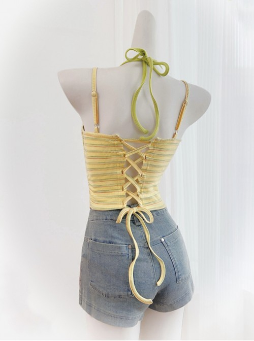 Four Leaf Clover Kawaii Fashion Youthful Yellow Green Striped Knit Halter Neck Fake Two-Piece Backless Tank Top