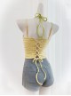 Four Leaf Clover Kawaii Fashion Youthful Yellow Green Striped Knit Halter Neck Fake Two-Piece Backless Tank Top