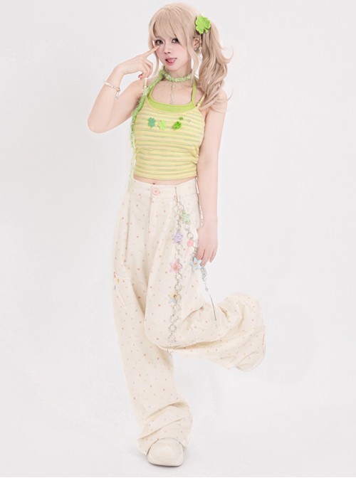 Star Candy Series Kawaii Fashion Vitality Macaron Colorful Star Print Embroidered Casual Wide Leg Pants