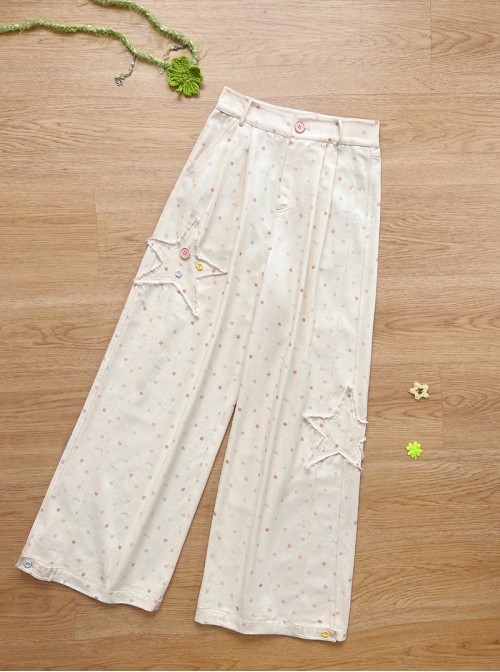 Star Candy Series Kawaii Fashion Vitality Macaron Colorful Star Print Embroidered Casual Wide Leg Pants