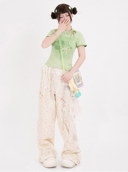 Star Candy Series Kawaii Fashion Vitality Macaron Colorful Star Print Embroidered Casual Wide Leg Pants