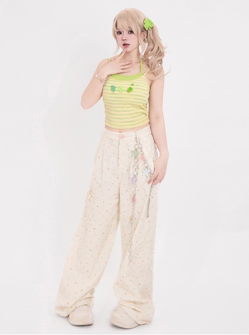 Star Candy Series Kawaii Fashion Vitality Macaron Colorful Star Print Embroidered Casual Wide Leg Pants